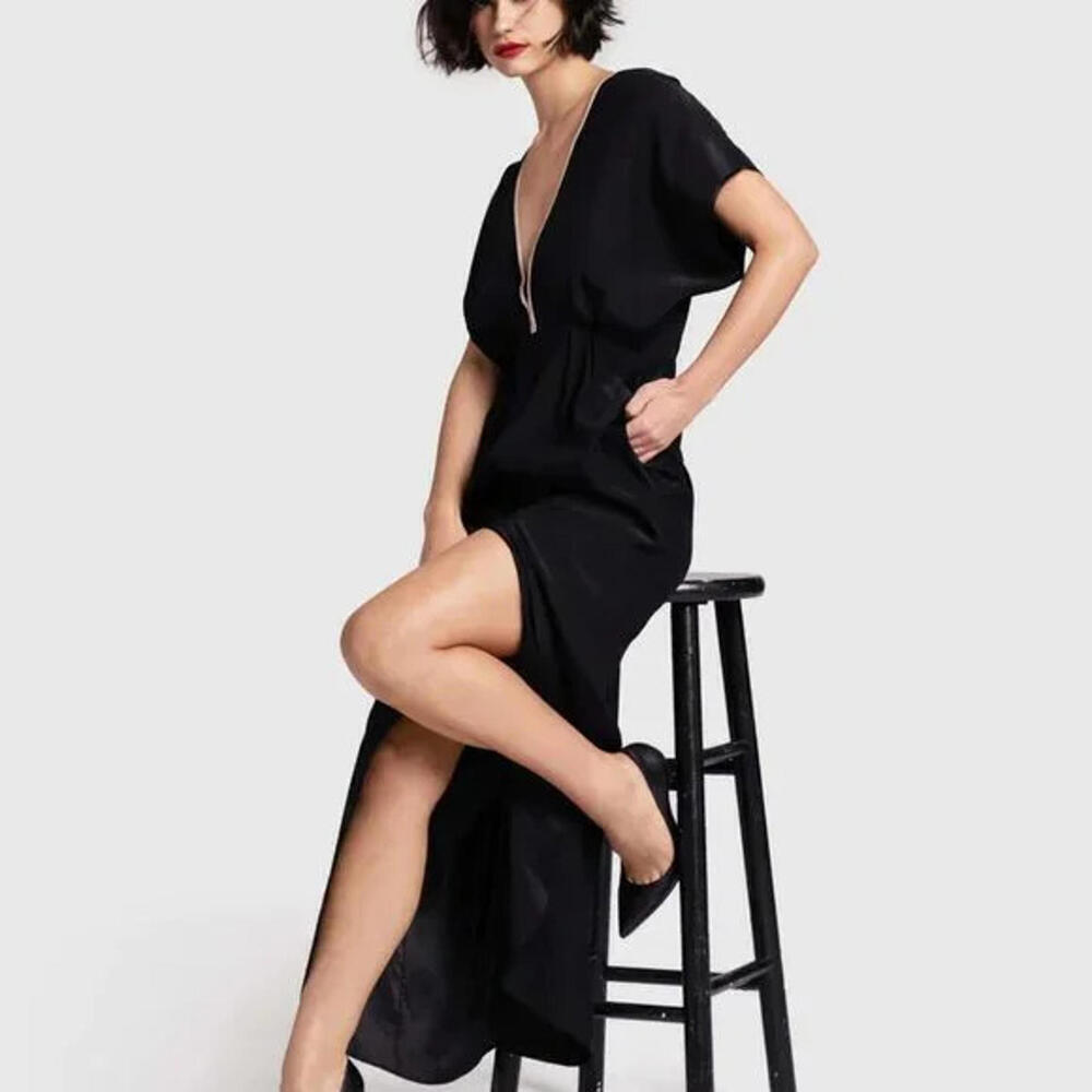 Vintage Kiki de Montparnasse Black Purple Trim Silk V-neck Robe Dress Slip XS